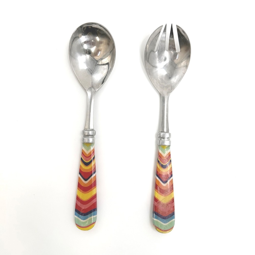 Rare Fiestawear Stainless Two Piece Rainbow Chevron Salad Server Fork Spoon Set